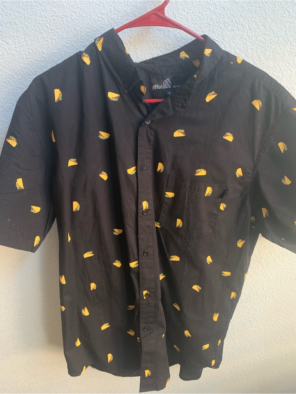 Men's Black Short-Sleeve Button-Down Shirt with Yellow Taco Print